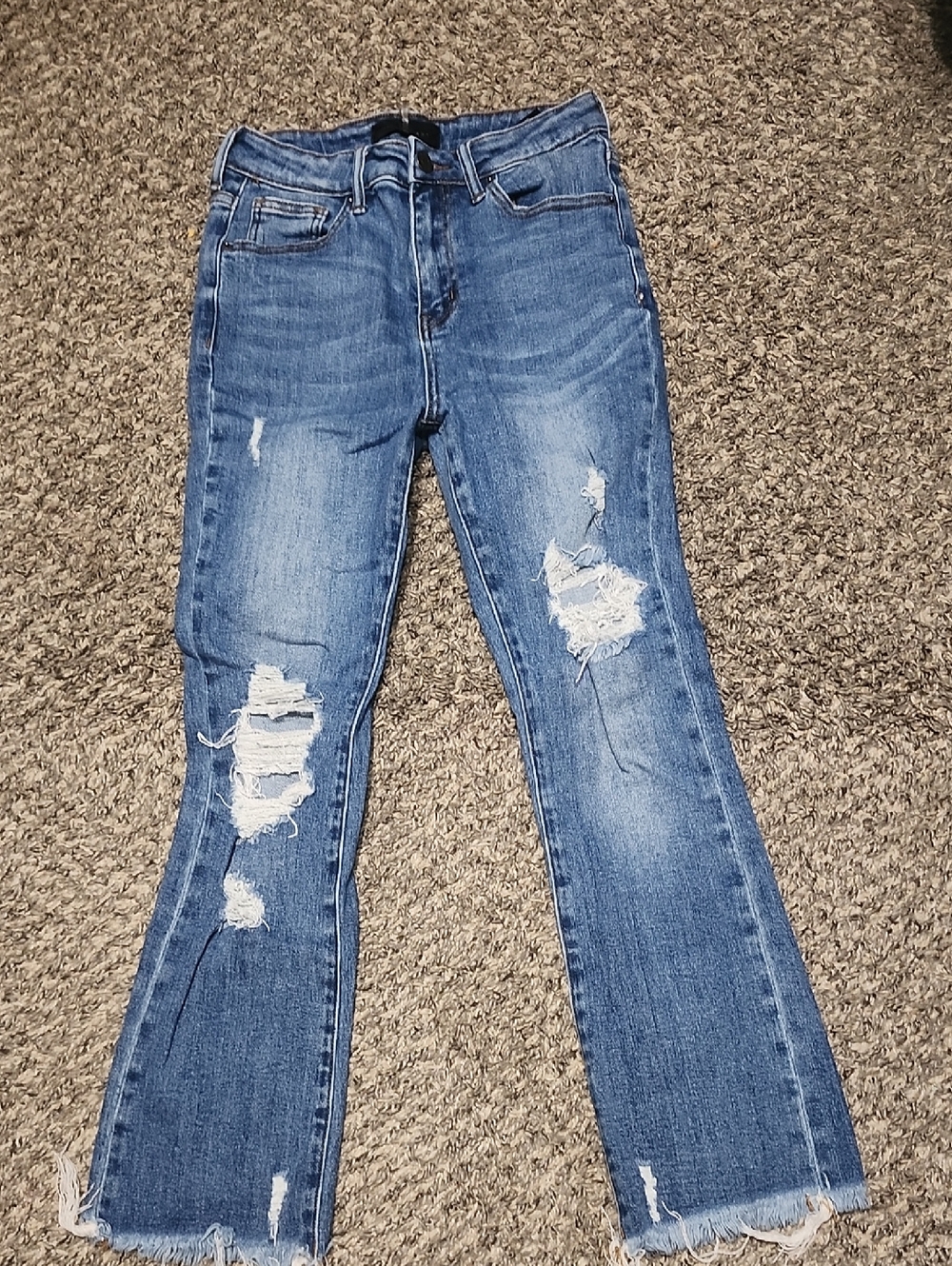 Distressed Blue Flare Jeans for Women - Ripped Mid-Rise Denim